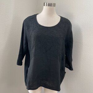 Saga Womens One Size Black 100% Linen Tunic Top Made In Italy Embroidered Shirt